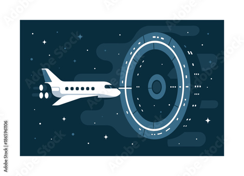 Orbital Docking Scene. Docking with station. A passenger craft aligns with a giant ring-shaped orbital hub, lights pulsing as travelers prepare to disembark.