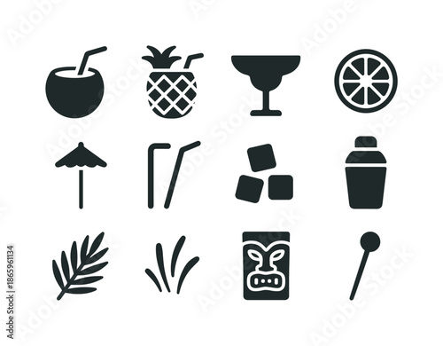 Tropical Drink Icons. Tropical drinks. Solid icon set of tropical drinks: coconut cup, pineapple drink, margarita glass, citrus slice, umbrella, straw, ice