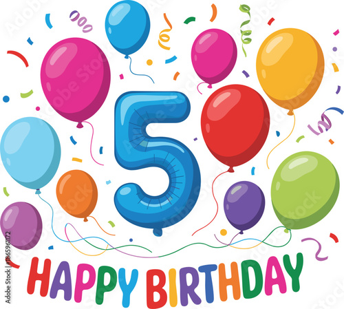 Happy 5th Birthday celebration with colorful balloons and confetti for fifth anniversary greeting card vector