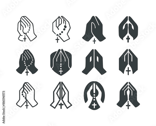 Catholic Mission Logos. Catholic Mission Work. Icon set. Set Logo of Catholic Mission Work: praying hands with rosary. harmonious logo variations of the same