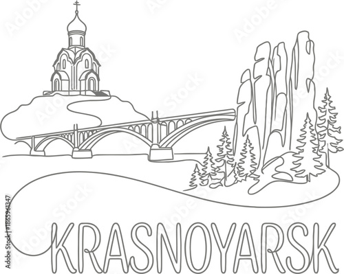 Krasnoyarsk city landmarks line art vector illustration