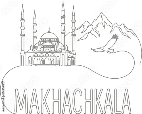 Makhachkala city mosque with eagle and mountains vector illustration