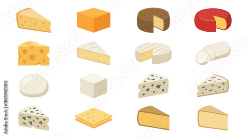 Assorted Cheese Varieties and Types Illustrated.