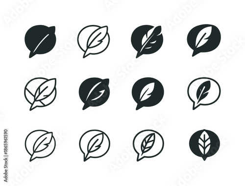 Storytelling Icon Set. Storytelling Practices. Icon set. Set Logo of Storytelling Practices: speech bubble with a quill inside. harmonious logo variations of