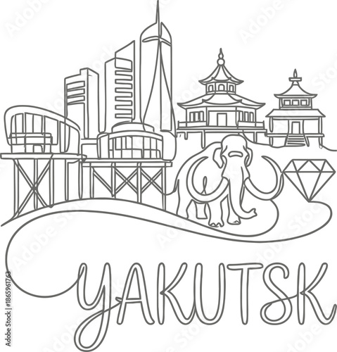 Yakutsk city skyline with mammoth and diamond vector illustration