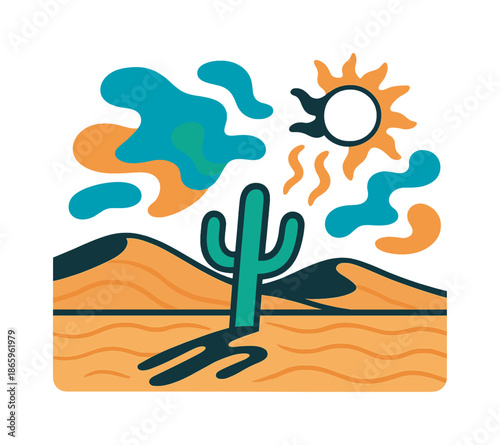 Desert Mirage Vibes. Desert Heat Pulse. Sand dunes ripple under intense sunlight, with abstract mirage shapes floating above. A lone stylized cactus casts a