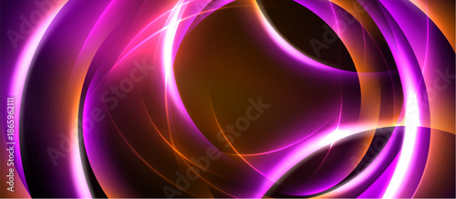 Abstract design features vibrant pink, orange curves. Dark background emphasizes glowing lines, creating dynamic visual effect.