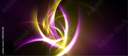 Abstract swirls, vibrant purple, yellow hues dominate. Dynamic energy radiates from central point, creating luminous effect.