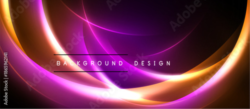 Abstract neon lights create dynamic curves. Purple, orange hues blend, forming modern background design. Text reads background design.