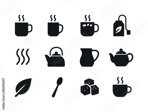Warm Drink Icons. Warm drinks. Solid icon set of warm drinks: tea mug, milk cup, hot cocoa mug, herbal tea bag, steam lines, kettle, milk jug, teapot, infusion