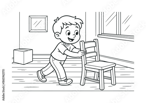 Child's Room Makeover. Rearranging furniture children?s coloring book illustration, outlined drawing, happy cartoon child pushing a chair in a