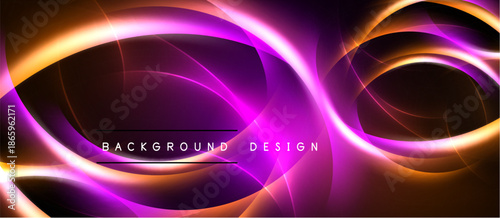 Abstract design features vibrant purple, orange swirls. Dynamic energy radiates from central point, creating modern aesthetic. Background is black.