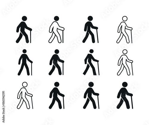 Walking Logo Variations. Walking. Icon set. Set Logo of walking: walking stick icon. harmonious logo variations of the same emblematic concept, each with