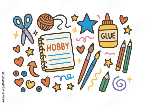 Crafting Supplies Doodle. Focused on a Hobby. Colorful Hand-drawn doodle Children illustration scissors, yarn, brushes, notebook, sparkles, stars, hearts,