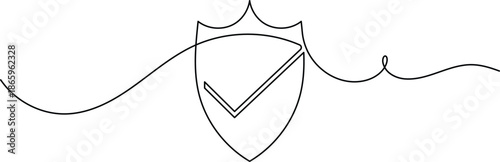 Shield with approval check mark icon continuous one line drawing on white background minimalist tick and security symbol outline vector illustration