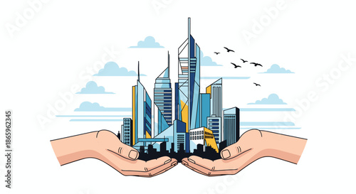 Conceptual illustration of two hands carefully holding a miniature modern city skyline with skyscrapers and birds flying in the sky.