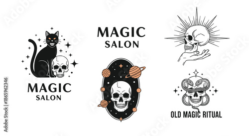 Collection of mystical magic salon and old magic ritual logos featuring black cat, human skulls, snakes, and planetary elements.
