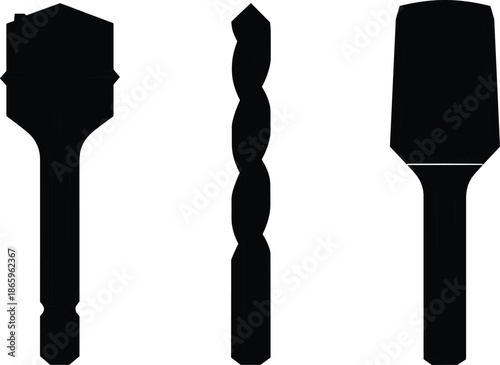 Industrial drill bit and tool silhouettes set, masonry wood metal drilling equipment shapes, construction hardware icons isolated on white background