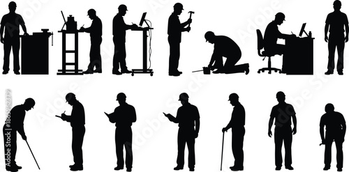 Industrial workers silhouettes set, factory technicians and mechanics performing maintenance, repair and inspection tasks isolated on white background illustration
