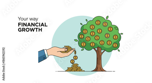 Financial growth concept illustration showing a hand planting gold coins to grow a lush money tree filled with dollar currency coins.