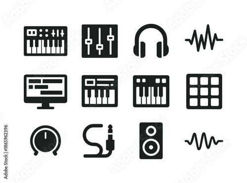 Music Production Icons. Music production. Solid icon set of music production: synthesizer, mixer, headphone, soundwave, computer monitor, track timeline, MIDI