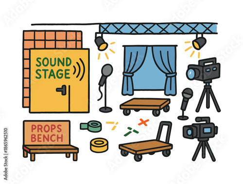 Colorful Soundstage Doodles. Soundstage. Colorful Hand-drawn doodle Children illustration Soundstage large door icon, echo lines, lighting grid, soundproof