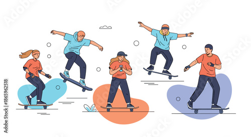 Energetic group of diverse teenagers practicing skateboarding tricks and cruising on stylized colorful backgrounds in a flat style.