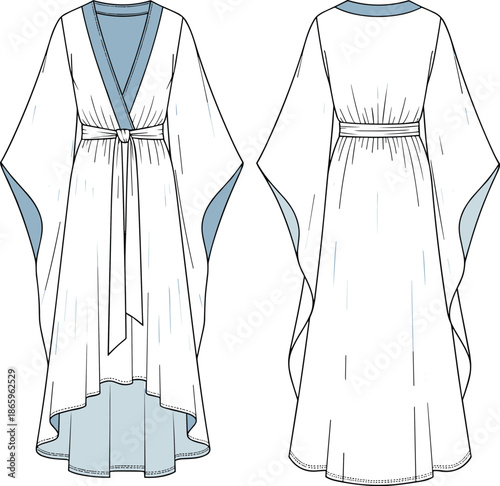 Kaftan dress flat sketch, front and back view, loose fit with belt, fashion CAD template, vector technical drawing design