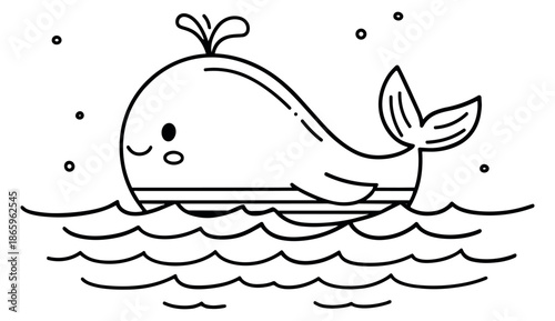 Cute hand drawn line art illustration of a whale depicting swimming and spouting water for children's designs
