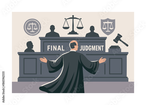 Final Judgment Scene. High court moment. A judge stands before elevated benches, robe flowing as the final judgment is declared. Emblems of law surround the