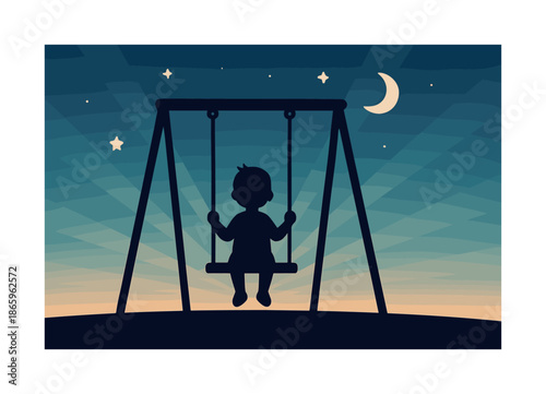 Sunset Swing Silhouette. Evening playground swing. Silhouette of a child on a swing with sunset gradients in the sky; soft light beams radiating outward. Star