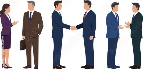 Business team handshake illustration, office meeting vector, professional conversation graphic, corporate people talking, executive partners collaboration, formal business deal agreement