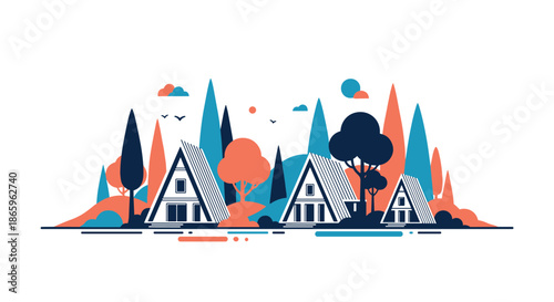 Beautiful flat vector illustration of cozy A-frame cabins nestled in a stylized colorful forest landscape under a bright sky.