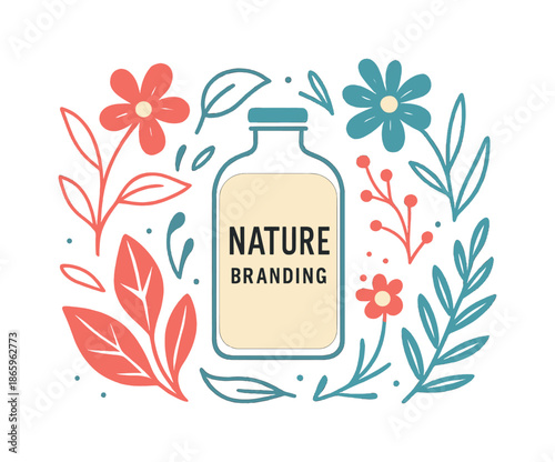 Floral Branding Frame. Nature-themed branding. Plant shapes form a frame around a central container; glowing floral accents add lightness. Smooth lines suggest