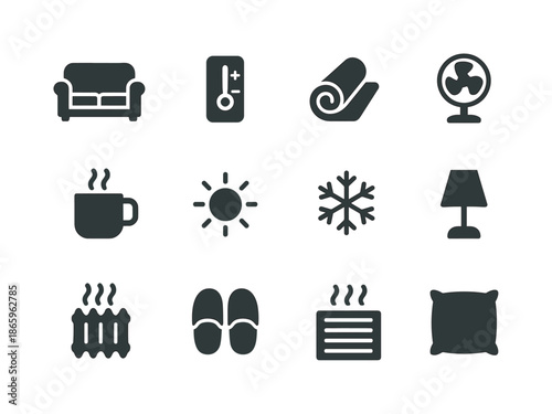 Home Comfort Icons. Home Comfort. Solid icon set of home comfort: sofa, thermostat, blanket, fan, mug, sun, snowflake, lamp, radiator, slippers, air vent,