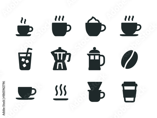 Coffee Menu Icons. Coffee menu items. Solid icon set of coffee menu items: espresso cup, latte mug, cappuccino foam, americano cup, iced coffee, moka pot,