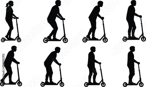 Silhouette people riding scooter, electric kick scooter riders vector, urban eco transport icons, mobility concept illustration, side view commuters on scooters