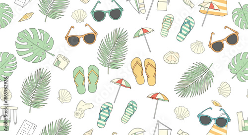 Colorful seamless pattern featuring hand drawn summer beach accessories including sunglasses, flip flops, seashells, and palm leaves.