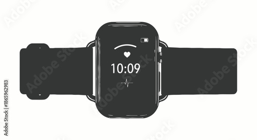 Black Smartwatch Displaying Time and Heart Rate Icon.