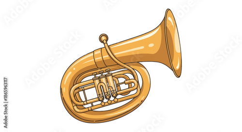 Golden Brass Tuba Musical Instrument with Valves and Bell.