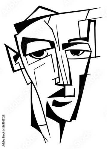 Cubist line art illustration of a man's face depicting a modern portrait for graphic design