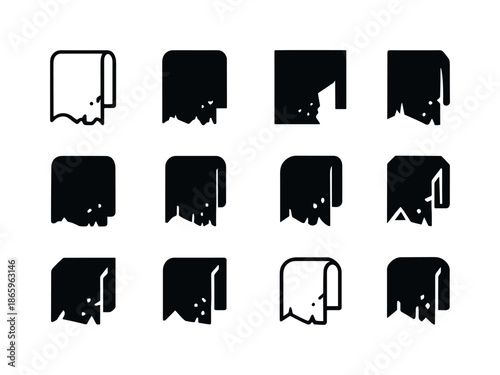 Worn Towel Logos. Worn Towel. Icon set. Set Logo of worn towel: aged bath linen emblem. harmonious logo variations of the same emblematic concept, each with