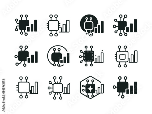 AI Business Transformation Icons. How AI transforms business. Icon set. Set Logo of how AI transforms business: digital transformation circuit. harmonious logo