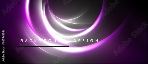 Abstract purple design features curved lines, glowing effects. Dark background enhances visual impact, modern aesthetic.