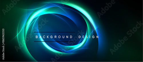 Abstract circular design. Vibrant blue, green hues blend. Dark background emphasizes glowing lines, creating dynamic visual effect.