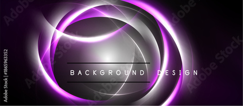 Abstract purple design features swirling lines, glowing effect. Dark background enhances luminosity, creating modern visual impact.