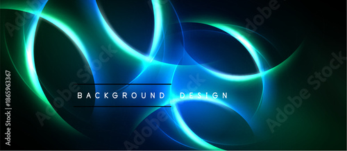 Abstract design features glowing curves, vibrant blues, greens. Dark background emphasizes luminous shapes, creating dynamic visual effect.