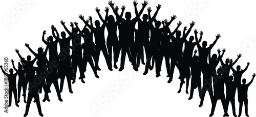 Jumping cheering crowd silhouettes illustration showing celebration, teamwork and happiness isolated on white background for festival, success and community concept design
