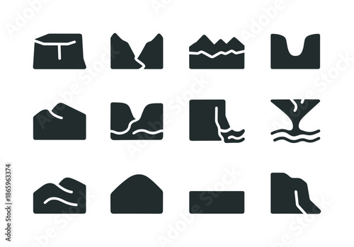 Geographic Icons Grid. Geographic features. Solid icon set of Geographic features: plateau, valley, ridge, basin, peninsula, isthmus, cliff, delta, dune, hill,