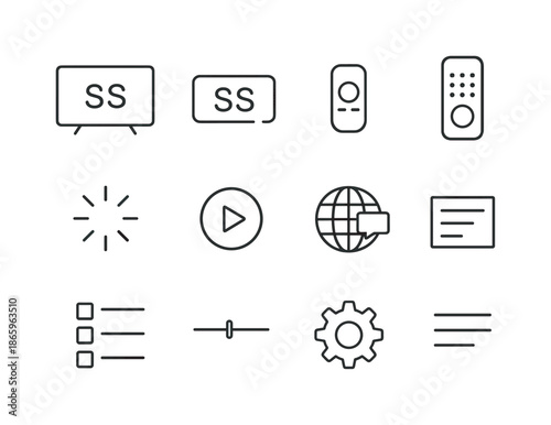 Streaming Subtitle Icons. Streaming subtitles. Line icon set of streaming subtitles: TV screen, subtitle bar, remote control, buffering symbol, play button,
